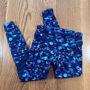 ATHLETA Women's Small Be Free Geometric Triangle Leggings Pockets Blue Mesh A5